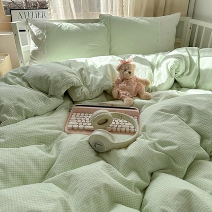 VM VOUGEMARKET Green Gingham Grid Duvet Cover Queen 3 Pieces White Lace Duvet Cover with 2 Pillowcases Green Plaid Comforter Cover Romantic Cozy Bedding Set for Girls