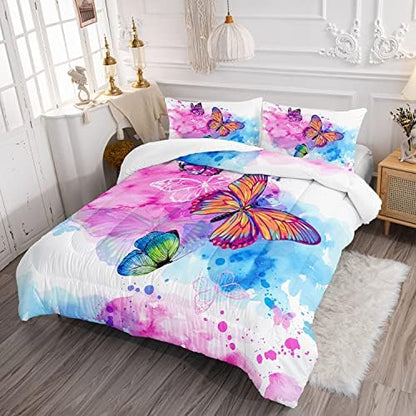 HOSIMA Butterfly Comforter Set for Girls,Pink Butterfly Comforter Twin Size for Girls Kids Women Bedroom Decor,Color Ink and Colorful Butterfly Pattern Twin Bedding Set,Butterfly Bed Set for Girls.