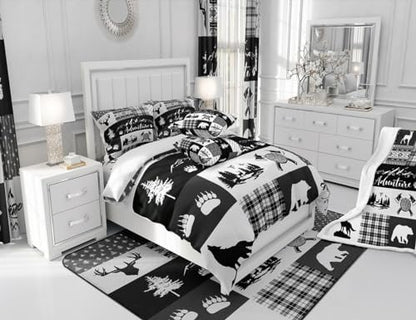 Castle Fairy Rustic Farmhouse Comforter Set Twin Size,Deer Bear Wolf Wild Animals Hunting Bedding Set for Kids Boys Men,Adventure Plaid Black Check Tribal Quilted Duvet Set with 1 Pillowcase