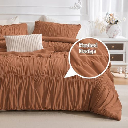 Masaca King Size Comforter Set(106"x95"),3 Pieces Lightweight Ruched Ruffle Pumpkin California King Bed Comforter Vintage Rustic Shabby Boho Farmhouse Burnt Orange Bedding Sets Ultra Soft