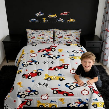 Feelyou Kids Cartoon Car Comforter Set King Size Racing Car Bedding for Boys Girls Room Game Decor Soft All Season