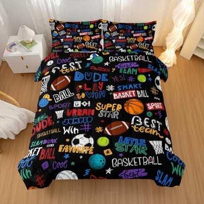 Nttopship Sports Ball King Comforter Set,Football Rugby Basketball Bedding Set for Kids Boys Girls Youth Ball Sports Themed Bedroom Decor Bedding Set 3 Pcs Bed in A Bag (1 Comforter, 2 Pillow Case)