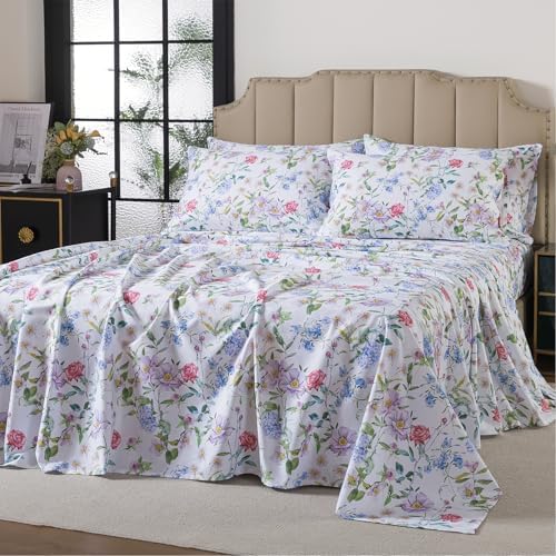 FADFAY Garden Floral King Sheet Set, 100% Cotton Botanical Print Bedding, Soft Breathable 4-Piece Bed Sheets with Deep Pocket, All Season
