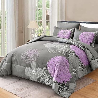 Yiran 7 Pieces Bed in a Bag Comforter Set Queen Size Grey Purple Bedding Sets Floral Soft Microfiber Comforter for All Seasons 90"×90"