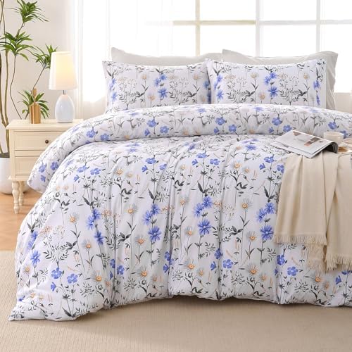 MUXHOMO Blossom Blue Full Comforter Set, Elegant Floral Print Bed in a Bag 7 Pieces, Ultra Soft & Breathable Reversible Botanical Pattern Bedding Set with Comforter, Sheets, Pillowcases, and Shams