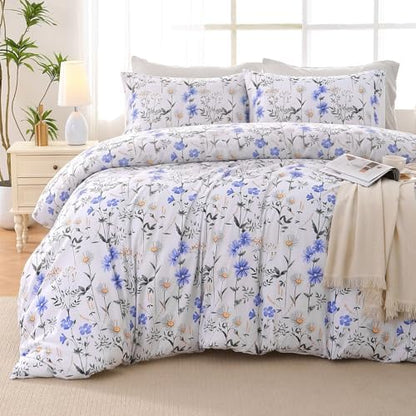 MUXHOMO Blossom Blue Bed in a Bag Queen 7 Pieces, Queen Comforter Set Reversible Botanical Flowers Design, Ultra Soft & Breathable Bedding Sets with Comforter, Sheets, Pillowcases & Shams