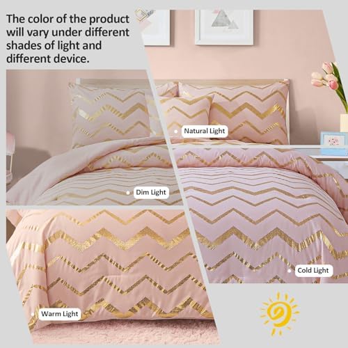 Menghomeus 4 Piece Blush Metallic Comforter Set, Queen Size Bedding Sets