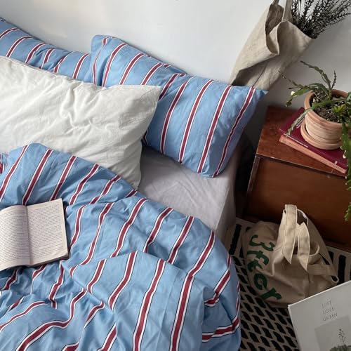 mixinni Vintage Striped Blue Duvet Cover King - 100% Cotton Red Stripes 3-Piece Bedding Duvet Cover Set with Zipper Closure, Soft & Breathable Retro Design for All Seasons (King Size)