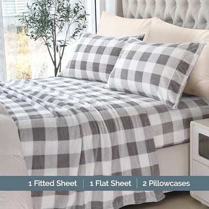 Elegant Comfort Luxuriously Soft 4-Piece Velvet Plush Flannel Sheet Set - Premium Quality - Cozy Warm, Anti-Static, Non Pilling Fuzzy Velvet Flannel Fleece Deep Pocket Sheet Set -Twin XL, Buffalo Gray