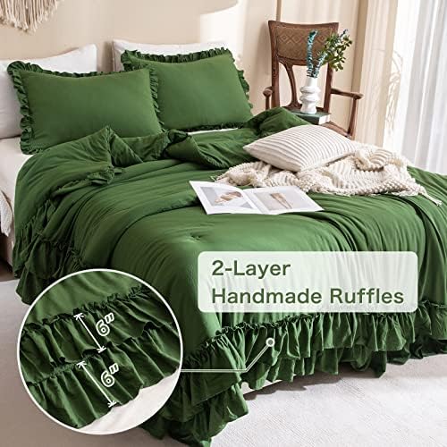 Masaca Olive Green Ruffled Comforter King Size,Farmhouse Shabby Boho Chic King Bed Comforters Vintage Rustic Bedding Ultra Soft 3PCS (1 Ruffle Comforter and 2 Pillowcases)