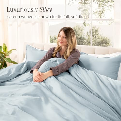 Bare Home 100% Organic Cotton Sateen Duvet Cover Set (Queen, Winter Blue)