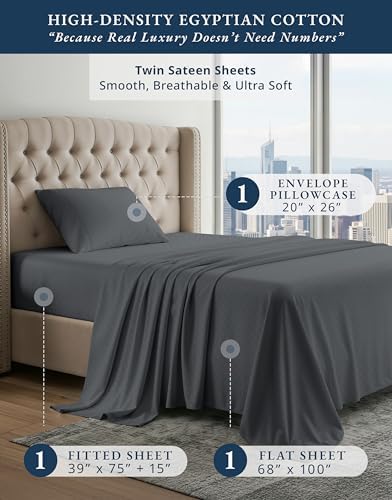 LANE LINEN Extra Long Twin Sheets Sateen Weave - Charcoal Swiss Dot