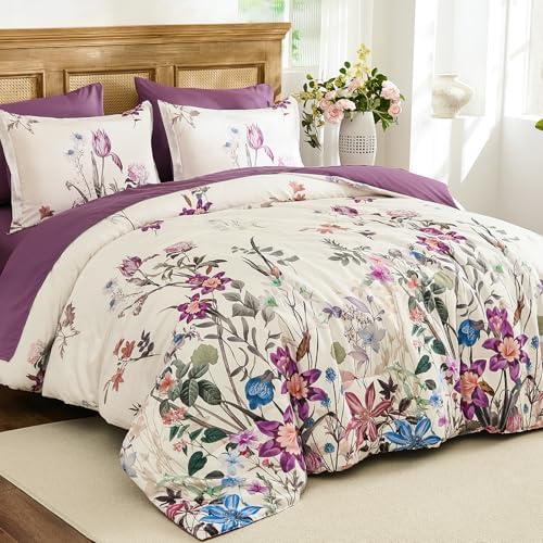 WONGS BEDDING Floral Comforter Set King 7 Piece Purple Bedding