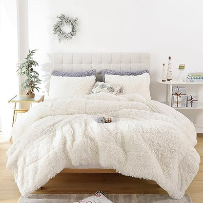 Smoofy Fluffy Queen Comforter Set, Beige Faux Fur Comforter Set 3 Pieces