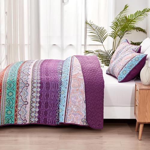 WONGS BEDDING Purple Quilt Queen Size, Boho Stripe Bedding Set, 96"x90"