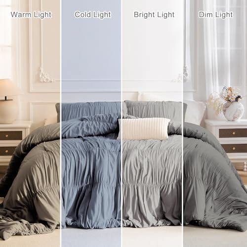 Masaca Grey Queen Comforter Set(90"x95"),Ruched Shabby Boho Chic Bedding Comforter Set,Vintage Gray Textured Ruffle Comforter for Queen Bed Fluffy Aesthetic Farmhouse Bedding 3 Pieces