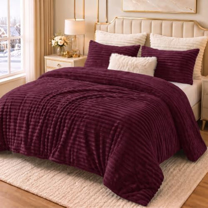 CozyLux Fleece Full Size Comforter Sets, 3 Piece Warm Burgundy Bedding