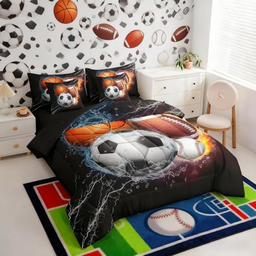 Erosebridal Football Bedding Set Twin Size 7 Pieces Kids Basketball Soccer Ball Pattern Bed Sets for Boys Girls Baseball Sports Theme Bed in A Bag with Comforter,Sheets,Pillowcases&Cushion Covers