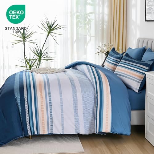 Dobuyly Blue Queen Comforter Set 7 Pieces, Boho Striped Bed in a Bag Queen Size Soft Microfiber All Season Bedding Set with Comforter, Sheets, Pillowcases & Shams