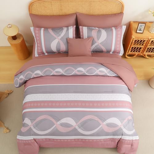 Anibedding Pink Comforter Set King Size,8 Pieces Striped Bed in a Bag