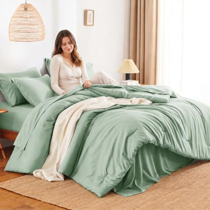 HIMEET Full Comforter Set, 7-Piece Point-Quilted Bed in a Bag, Sage Green