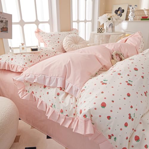 LifeTB Kawaii Pink Strawberry Duvet Cover Queen 100% Cotton Girls Princess Lace Duvet Cover Cute Strawberry Bedding Set Romantic Ruffle Comforter Cover Kids Kawaii Bedding Cover with 2 Pillowcases