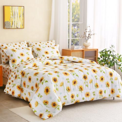 lasoftan Floral Queen Comforter Set with Sheets, 7 piece Luxury Vintage Bedding, Soft Microfiber Bed in a Bag, Cozy Lightweight Bed Set, Lavender Flower Grey Leaf