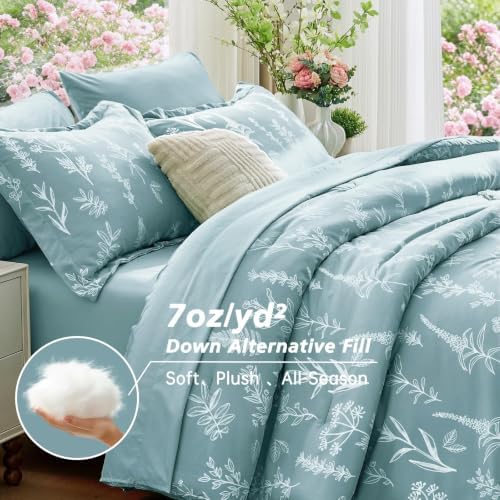 MUXHOMO Oversized Queen Comforter Set, Gray Blue Elegant Floral Print Bed in a Bag 7 Pieces, Soft & Breathable Reversible Botanical Pattern Bedding Set with Comforter, Sheets, Pillowcases & Shams