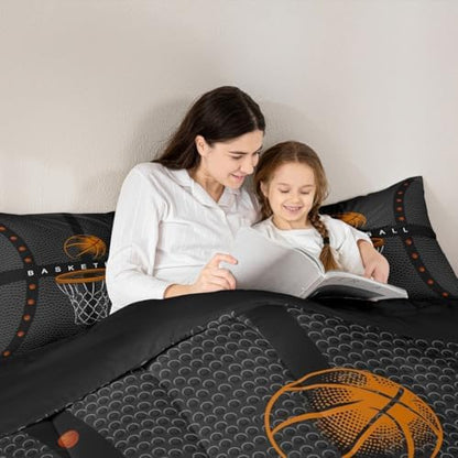 Sports Basketball Comforter for Boys Kids,Ball Games Comforter Set Queen Size Home Decor,Soft Basketball Bedding Set,Orange and Gray Teens Bedroom Down Duvet,1 Comforter with 2 Pillowcases