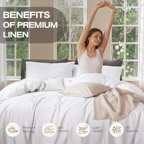 100% Pure Linen Blend 4 Piece Sheet Set, Cooling and Breathable Flax Bed Sheets for Hot Sleepers, All Season Comfort, Anti-Tear and Durable Bedding, 18 Inch Deep Pocket(White,Queen)