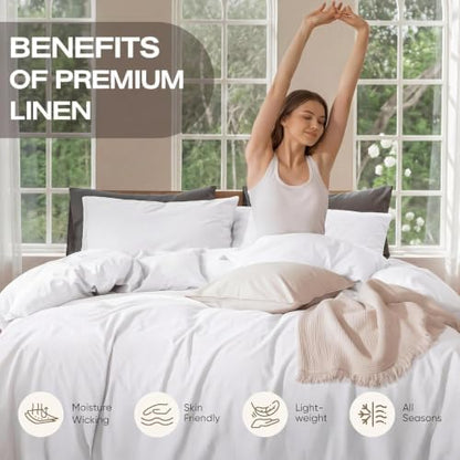 100% Pure Linen Blend 4 Piece Sheet Set, Cooling and Breathable Flax Bed Sheets for Hot Sleepers, All Season Comfort, Anti-Tear and Durable Bedding, 18 Inch Deep Pocket(White,Queen)
