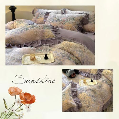 VM VOUGEMARKET Double Gauze Duvet Cover Set Twin Puprle Ruffle with Flower