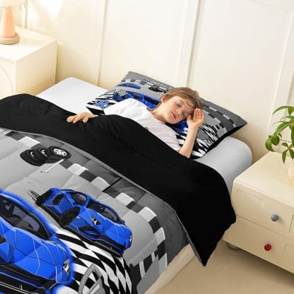 Feelyou Boys Race Car Comforter Set All Season Sports Racing Car Bedding Set with 2 Pillow Cases Extreme Sports Microfiber Kids King Bedclothes Bedroom Decor Duvet Quilt Breathable Soft Lightweight