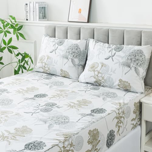 FADFAY King Size Sheets Percale Cotton Grey Floral Bed Sheets Deep Pocket Fitted Sheet, Luxury Ink Vintage Grey Hydrangea Printed Shabby White Bedding for All Season, Super Soft Crisp & Cool, 4 Pcs