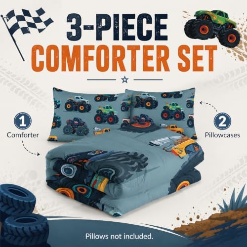 AILONEN Monster Truck Comforter Set for Kids Boys - Colorful Big Wheel Trucks Bedding Set - Boys' Twin Quilt with 2 Pillowcases – Fun Vehicle Bedroom Decor
