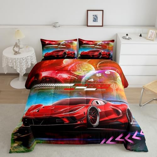Feelyou Red Race Car Bedding Set - Queen Size Kids Boys Extreme Sports Car Comforter Set Decorations Teens Toddler Galaxy Planet Duvet Set Cool Modern Quilt Set 3Pcs