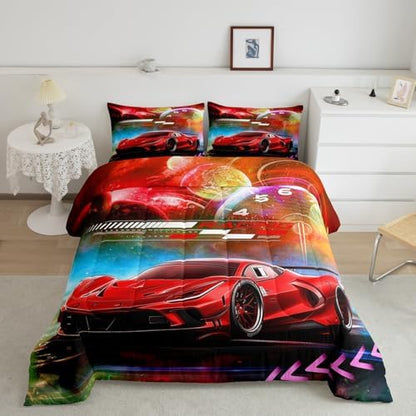 Feelyou Red Race Car Bedding Set - Queen Size Kids Boys Extreme Sports Car Comforter Set Decorations Teens Toddler Galaxy Planet Duvet Set Cool Modern Quilt Set 3Pcs