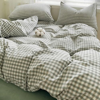 Gingham Duvet Cover Set 3 Piece 100% Washed Cotton Linen Feel Modern Plaid Checkered Bedding Comfy Breathable (Green/White Gingham, Full)