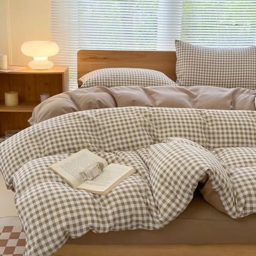 NSNLGSGC Tan Gingham Grid Twin Size Duvet Cover Set