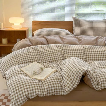 NSNLGSGC Tan Gingham Grid Twin Size Duvet Cover Set