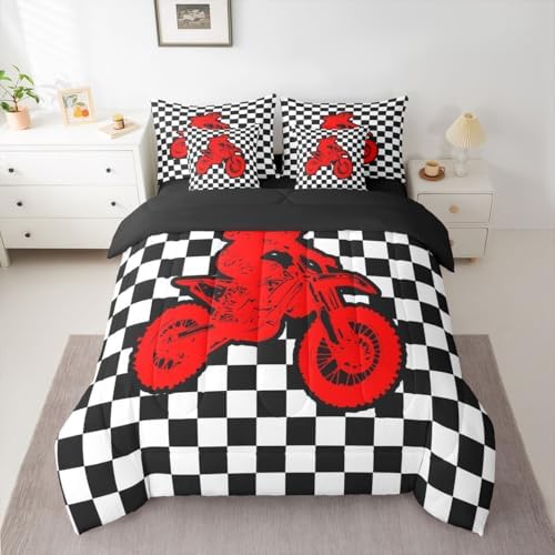Feelyou Red Motocross Rider Comforter Set with Sheets 7 Piece Queen Size Checkered Flag Bedding Set for Kids Boys Girls Sporty Rider Bed in a Bag Off-Road Racing Room Decor Dirt Bike Soft Lightweight