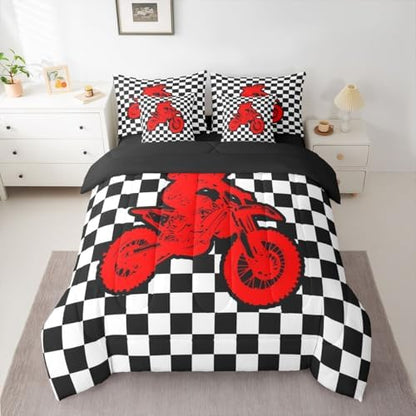 Feelyou Red Motocross Rider Comforter Set with Sheets 7 Piece Queen Size Checkered Flag Bedding Set for Kids Boys Girls Sporty Rider Bed in a Bag Off-Road Racing Room Decor Dirt Bike Soft Lightweight