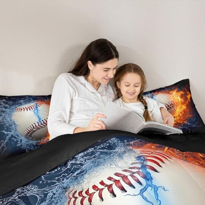 Baseball Comforter Set Twin Size for Teen Boy Room Decor, Fire and Ice Sports Baseball Down Comforter Kids Men Modern Sports Theme Quilted Duvet (1 Comforter Set + 1 Pillow Case), Red and Blue