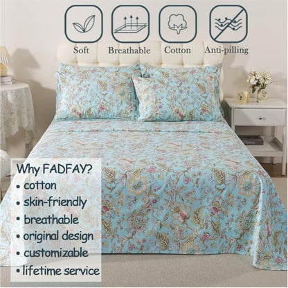 FADFAY Full Sheet Set 4 Piece 100% Egyptian Cotton Bed Sheets Deep Pocket, Soft Breathable Vintage Blue French Country Bedding Shabby Cottagecore Floral Bedding Luxury Hotel Quality for All Seasons