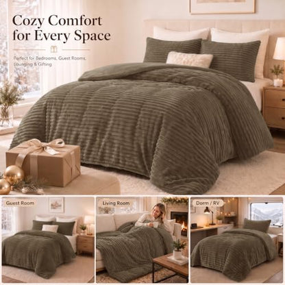 CozyLux Fleece King Size Comforter Set, 3 Piece Warm Taupe Bedding