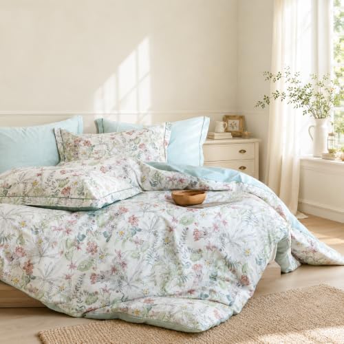 Twin Comforter Set 2 Pieces, 100% Cotton Botanical Floral Bedding Set for All-Season, Soft Reversible Comforter with 1 Pillow Sham