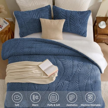 BEDELITE Fluffy Sherpa Twin Comforter Set,Leaf-Navy