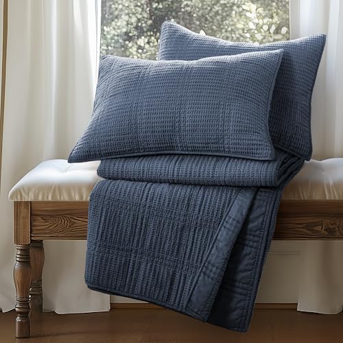 Levtex Home Cloud Waffle King/Cal King Quilt Set (106x92in) and 2 Pillow Shams (36x20in) - Box Quilted Waffle Cotton Texture - Navy - Cotton King Size Quilt Bedding Set - Lightweight Soft Pre-Washed