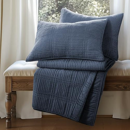 Levtex Home Cloud Waffle Twin XL/Twin Quilt Set (68x86in) with 1 Pillow Sham (26x20in) - Box Quilted Waffle Cotton Texture - Navy - Cotton Twin Size Quilt Bedding Set - Lightweight, Soft, Pre-Washed