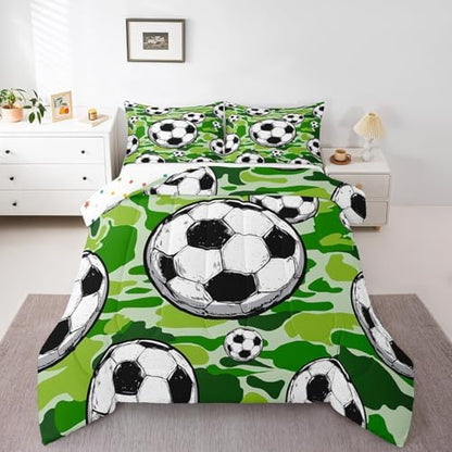 Castle Fairy Football Sports Comforter Set Queen Size for Kids Soccer American Ball Games Bedding Sets All Season Green Camouflage Quilt Set Bedroom Decor Hexagon Geometric Down Comforter,3Pcs